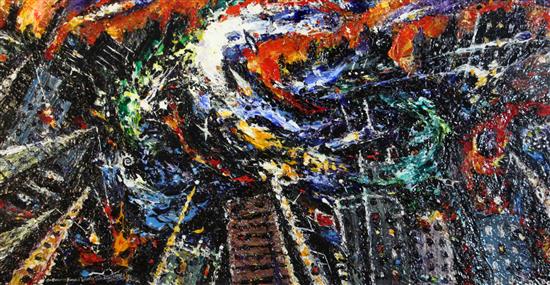 David Wilde (1918-1978) The Consuming Flames of Industry with Steam Smoke and Smog (Salford Docks) 15 x 29in.